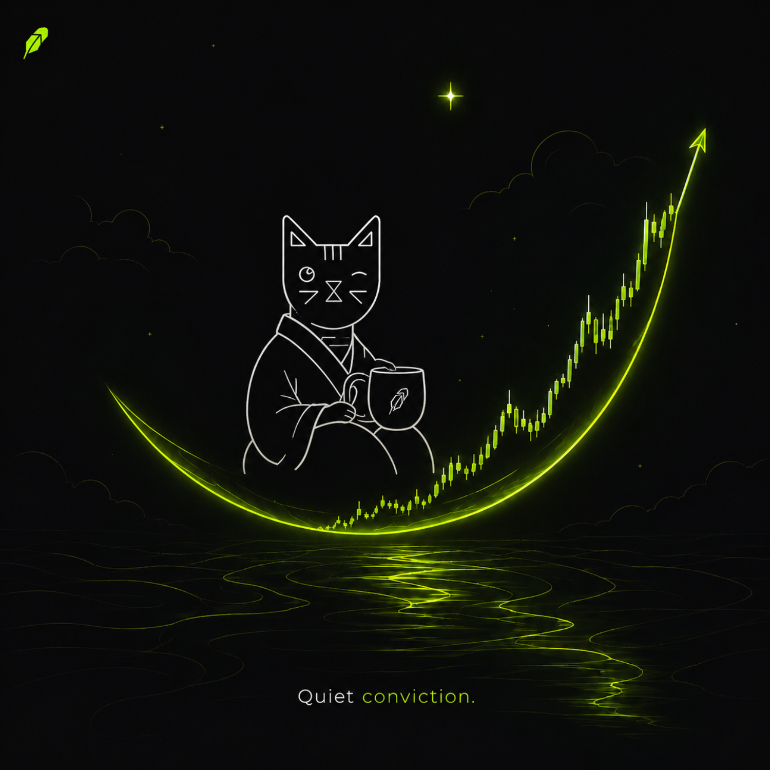 Winkcat resting on a rising chart; quiet conviction